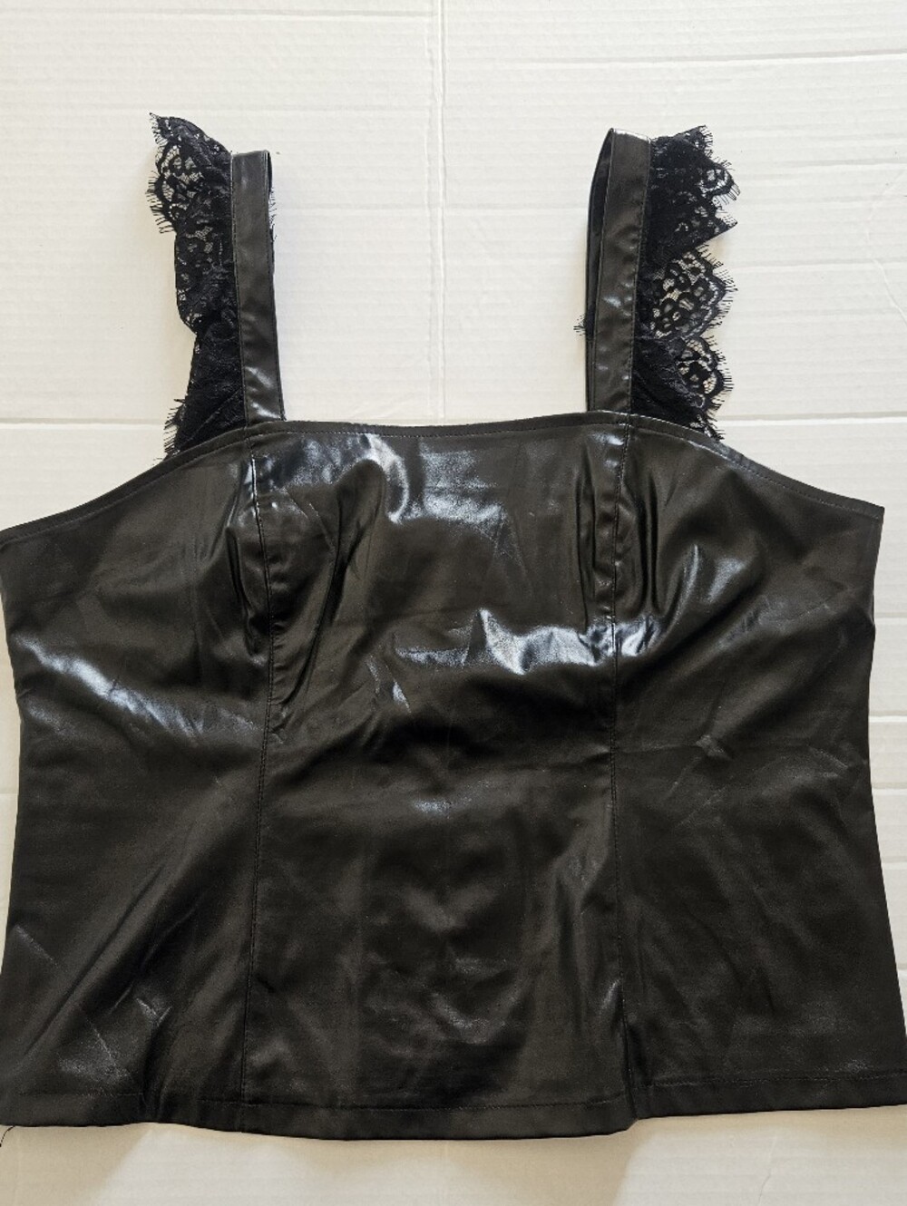 Allegra K Black Faux Leather Lace-Up Back Tie Tank Top with Lace Straps Size XL